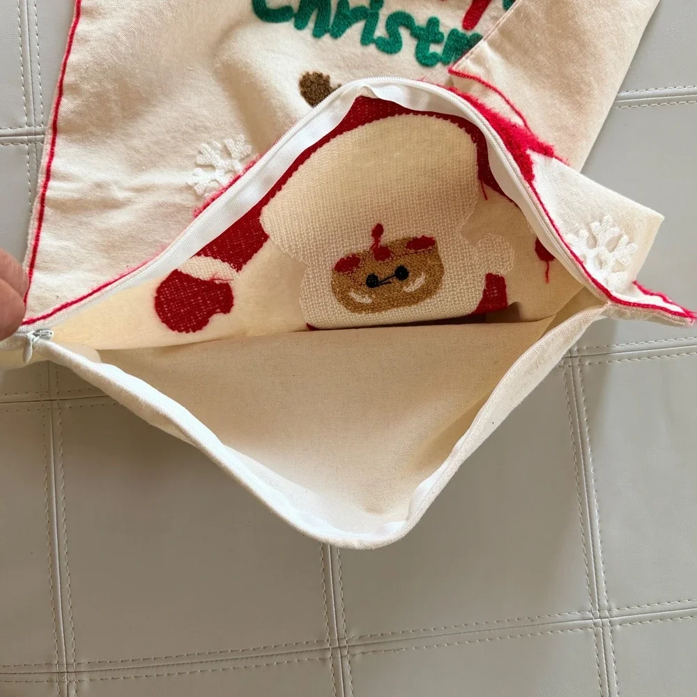 Christmas Pillow Covers Set of 2 Cream Santa Reindeer Tufted 17x17 Farmhouse